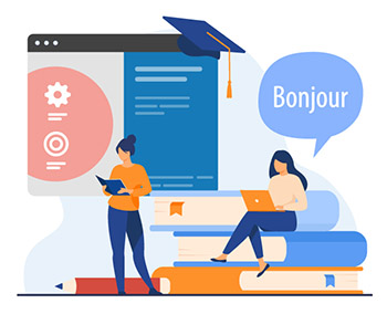 
            Deux apprenantes étudient le français à l’aide d’un cours en ligne
          
